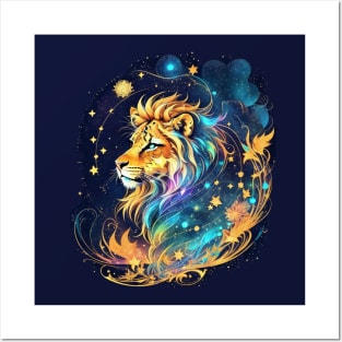 Lion on the background of the starry sky Posters and Art